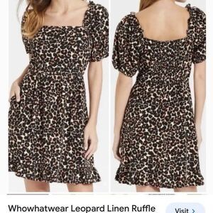 Who what wear Leopard Linen Ruffle Smocked Puff Sleeve Dress With Pockets NWT 2x